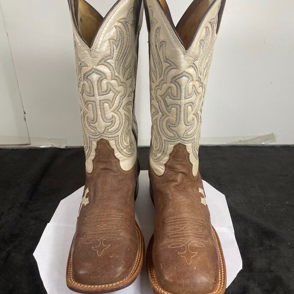 Women's 8.5 Vintage Tony Lama Brown Western Cowboy Boot, Square Toe, Two Toned, - Picture 3 of 11